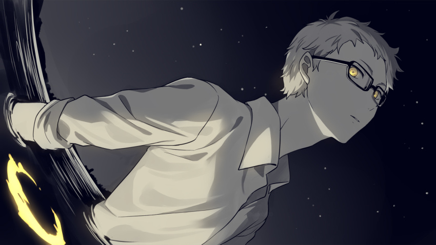 1boy collared_shirt commentary crescent_moon dutch_angle glowing glowing_eyes haikyuu!! highres looking_at_viewer male_focus monochrome moon night night_sky parted_lips partially_submerged reflection sayshownen shirt short_hair sky solo spot_color star_(sky) starry_sky tsukishima_kei water yellow_eyes