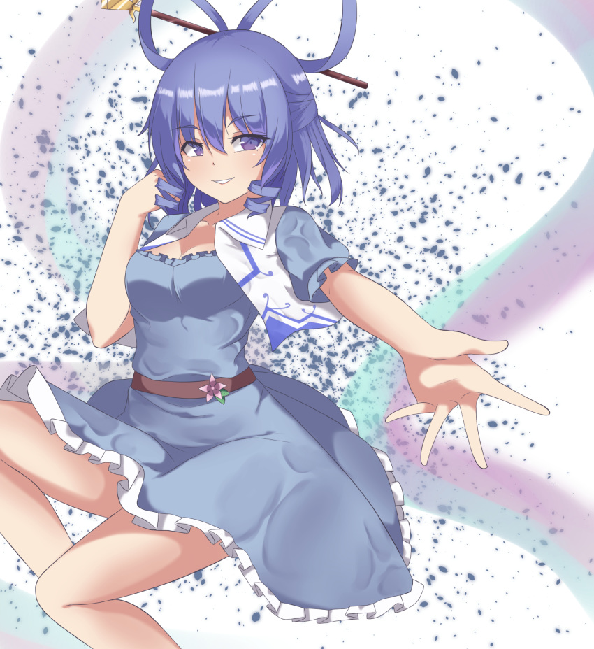 1girl belt blue_dress blue_eyes blue_hair blush breasts chisel collarbone commentary_request dress drill_hair drill_locks eyebrows_visible_through_hair feet_out_of_frame flower frills hair_between_eyes hair_ornament hair_rings hair_stick hand_in_hair highres kaku_seiga knee_up looking_at_viewer medium_breasts medium_hair open_clothes open_vest outstretched_arm parted_lips petals puffy_short_sleeves puffy_sleeves short_sleeves smile solo thighs touhou vel0x_s vest white_background