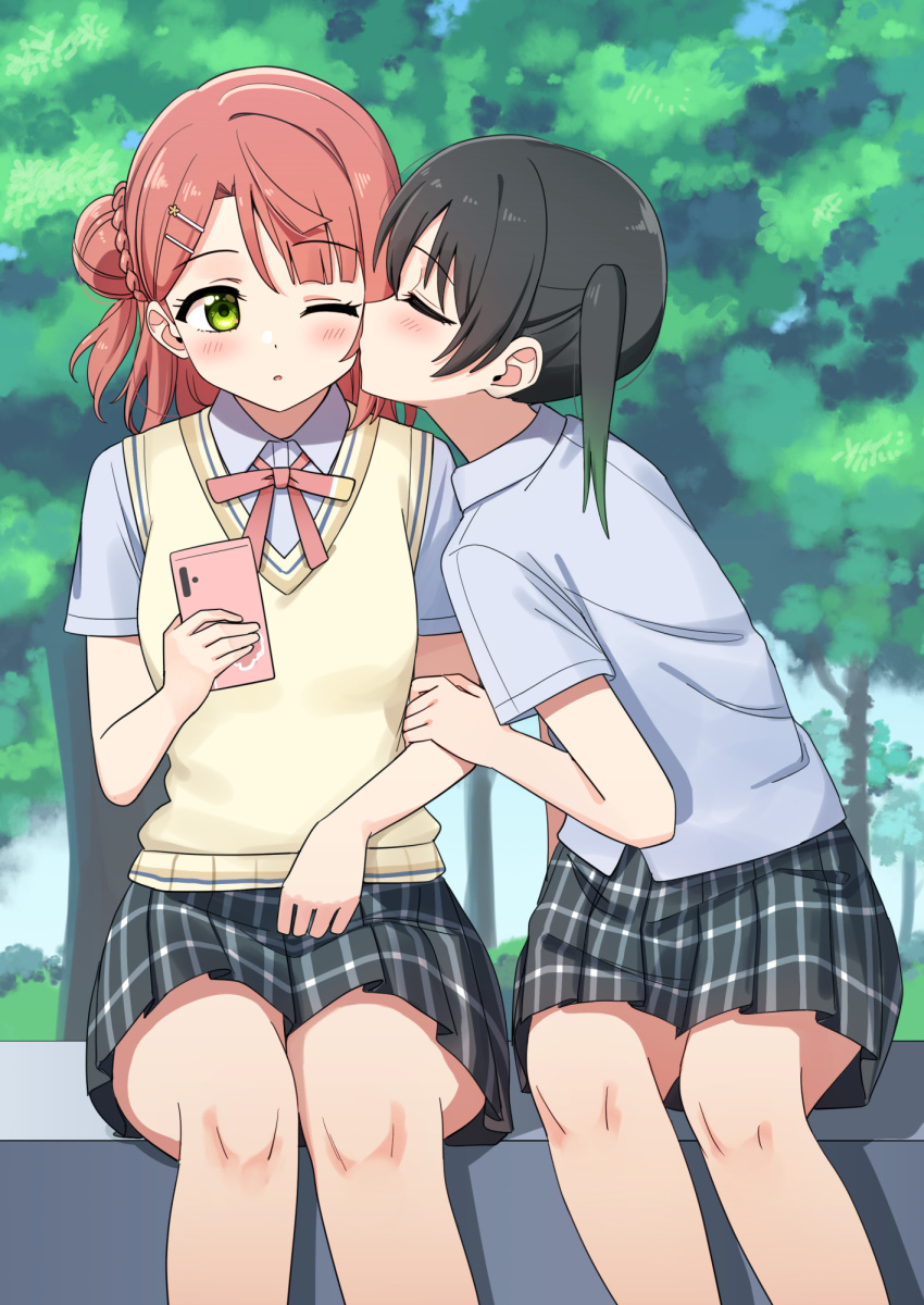 2girls black_hair black_skirt cheek_kiss closed_eyes deadnooodles green_eyes highres kiss love_live! love_live!_nijigasaki_high_school_idol_club multiple_girls nijigasaki_academy_uniform one_eye_closed redhead school_uniform short_sleeves skirt sweater_vest takasaki_yuu uehara_ayumu yuri