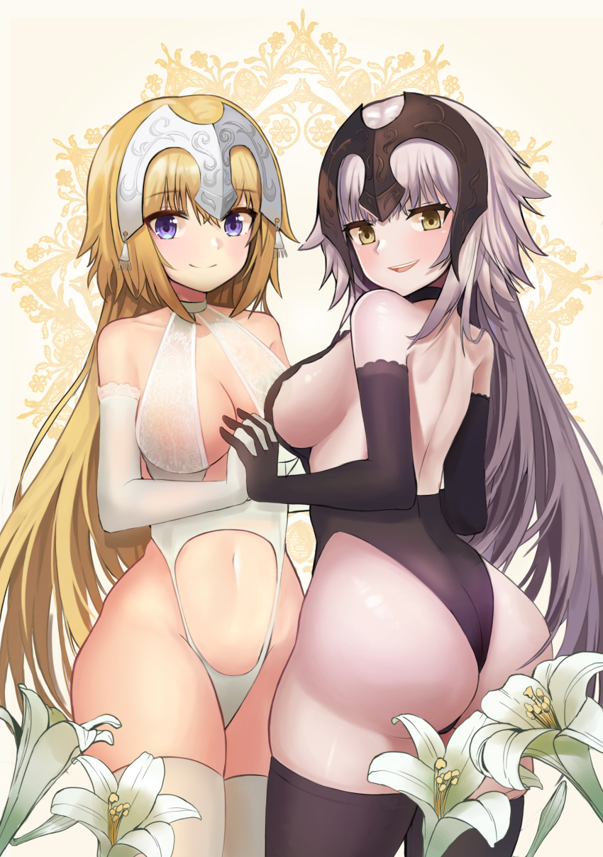 2girls absurdres ass black_gloves black_legwear black_leotard blonde_hair breasts clothing_cutout elbow_gloves fate/grand_order fate_(series) flower gloves grey_hair headpiece highres holding_hands jeanne_d'arc_(alter)_(fate) jeanne_d'arc_(fate) jeanne_d'arc_(fate)_(all) large_breasts leotard long_hair multiple_girls navel navel_cutout onedoo thigh-highs very_long_hair violet_eyes white_flower white_leotard yellow_eyes