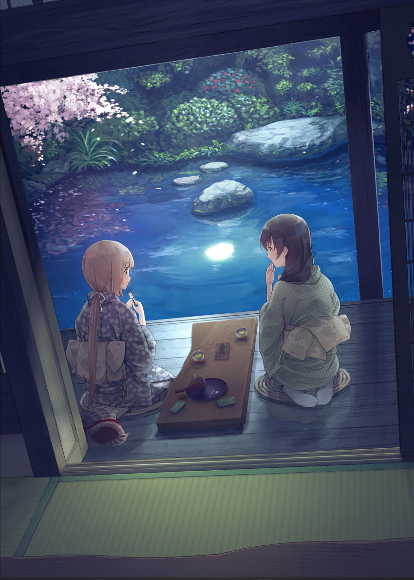 2girls brown_hair eating feet food from_behind fujiwara_hajime garden highres idolmaster idolmaster_cinderella_girls japanese_clothes kimono kneeling long_hair multiple_girls night peppe pond seiza sitting soles tea veranda white_legwear yorita_yoshino yukata