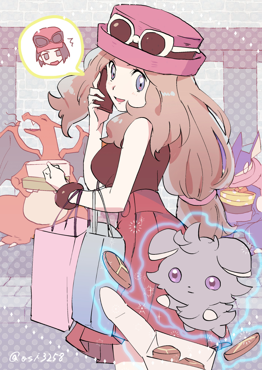 1girl absurdres artist_name bag bracelet brown_hair calem_(pokemon) cellphone charizard commentary_request espurr eyelashes eyewear_on_headwear gen_1_pokemon gen_6_pokemon greninja grey_eyes hat highres holding holding_phone jewelry long_hair looking_back open_mouth phone pink_headwear pleated_skirt pokemon pokemon_(creature) pokemon_(game) pokemon_xy red_skirt serena_(pokemon) shopping_bag skirt smile spoken_character sunglasses telekinesis tied_hair tongue ushiomi watermark