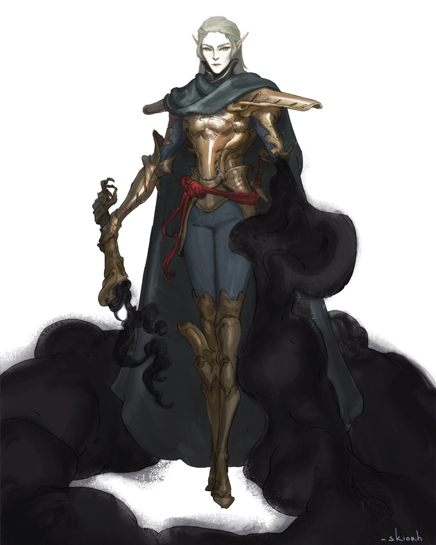 1boy armor blonde_hair blue_eyes breastplate cape clawed_gauntlets closed_mouth disembodied_limb elf fantasy gauntlets gold gold_armor greaves grey_cape hair_slicked_back highres holding holding_arm long_hair male_focus original pauldrons pointy_ears shadow sheath sheathed shoulder_armor signature simple_background skiorh solo standing sword vambraces weapon white_background