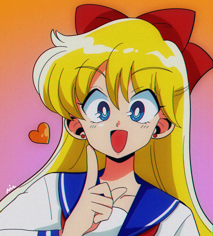 1990s_(style) 1girl aino_minako bishoujo_senshi_sailor_moon blonde_hair blue_eyes blue_sailor_collar bow commentary earrings hair_bow highres jewelry long_hair long_sleeves looking_at_viewer nui_inu oldschool open_mouth red_bow red_neckwear sailor_collar school_uniform serafuku shiny shiny_hair shirt solo very_long_hair white_shirt