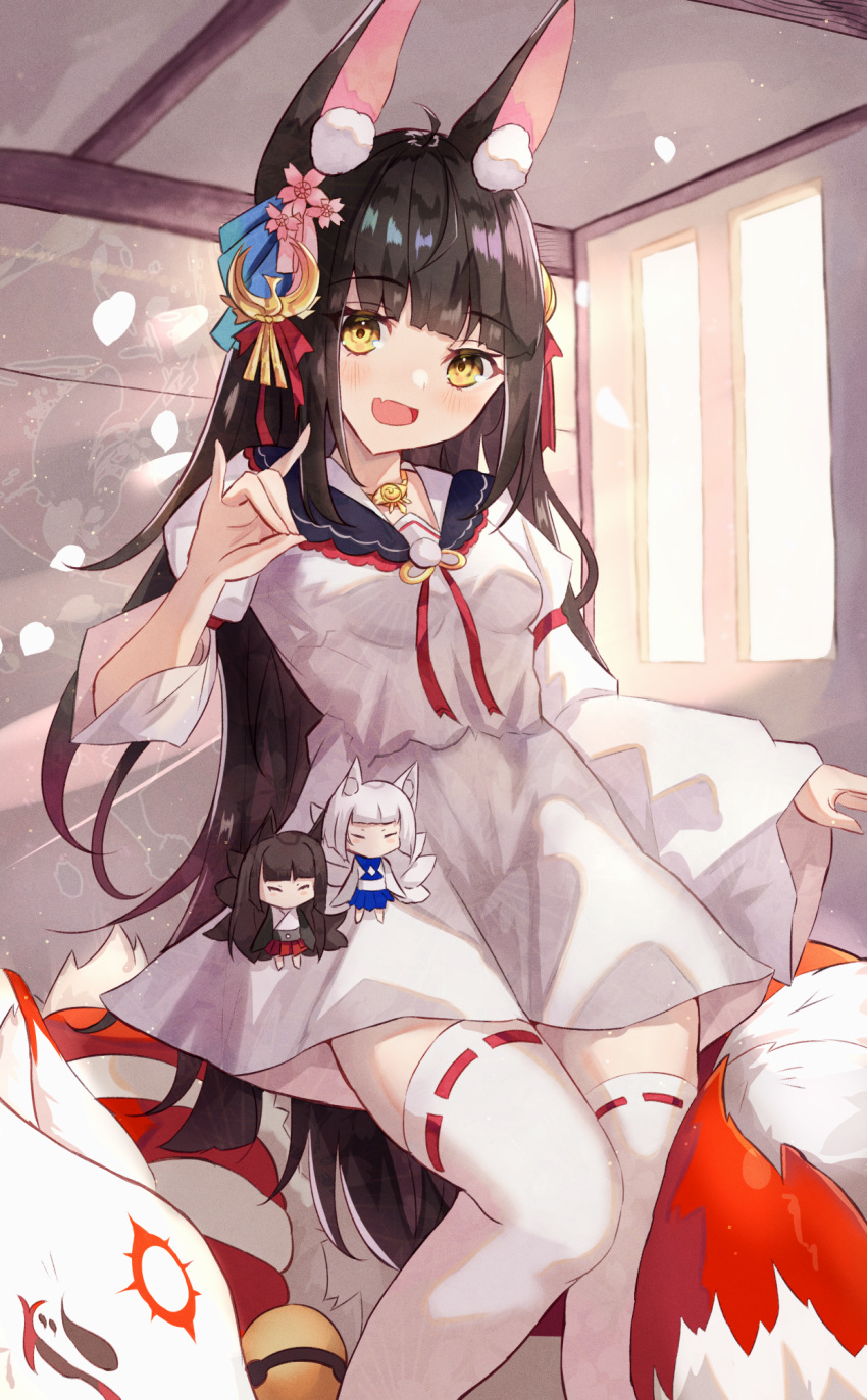 1girl :d akagi_(azur_lane) alternate_costume animal_ears azur_lane black_hair blurry character_doll commentary_request depth_of_field dress fang fox fox_ears fox_girl hair_ornament head_tilt highres jewelry kaga_(azur_lane) kyuubi long_hair looking_at_viewer multiple_tails nagato_(azur_lane) necklace open_mouth panipo petals petals_on_liquid ribbon_trim sailor_collar school_uniform serafuku smile solo tail thigh-highs white_dress white_legwear window yellow_eyes zettai_ryouiki