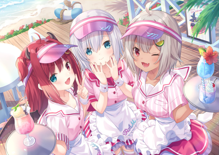 3girls :d ;3 ;d apron ars_almal beach blonde_hair blue_eyes bob_cut breasts commentary_request fang flat_chest food hayama_marin heterochromia highres ice_cream ice_cream_float jimmy_madomagi large_breasts long_hair looking_at_viewer medium_breasts multiple_girls nijisanji ocean one_eye_closed open_mouth red_eyes redhead short_hair short_twintails sidelocks silver_hair smile striped striped_legwear thigh-highs twintails virtual_youtuber visor_cap waitress white_hair yuzuki_roa