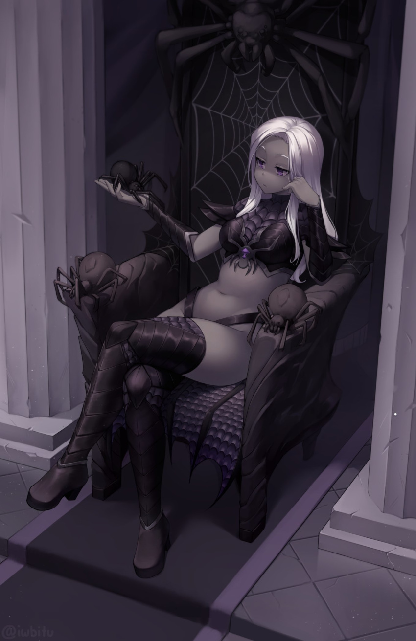 1girl artist_name black_footwear boots bracer bug carpet commentary commission crossed_legs elbow_rest english_commentary expressionless full_body grey_skin highres iwbitu-sa long_hair navel original pillar silver_hair sitting solo spider spider_web_print stomach thigh-highs thigh_boots throne tile_floor tiles twitter_username violet_eyes