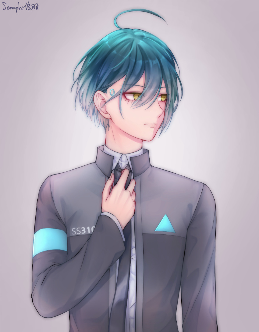 1boy adjusting_clothes adjusting_necktie ahoge artist_name bangs black_jacket black_neckwear closed_mouth collared_shirt commentary_request dangan_ronpa detroit:_become_human ewa_(seraphhuiyu) facing_viewer green_hair grey_background grey_jacket hair_between_eyes hand_on_own_chest hand_up highres jacket long_sleeves looking_to_the_side male_focus necktie new_dangan_ronpa_v3 saihara_shuuichi shirt short_hair solo upper_body white_shirt wing_collar yellow_eyes