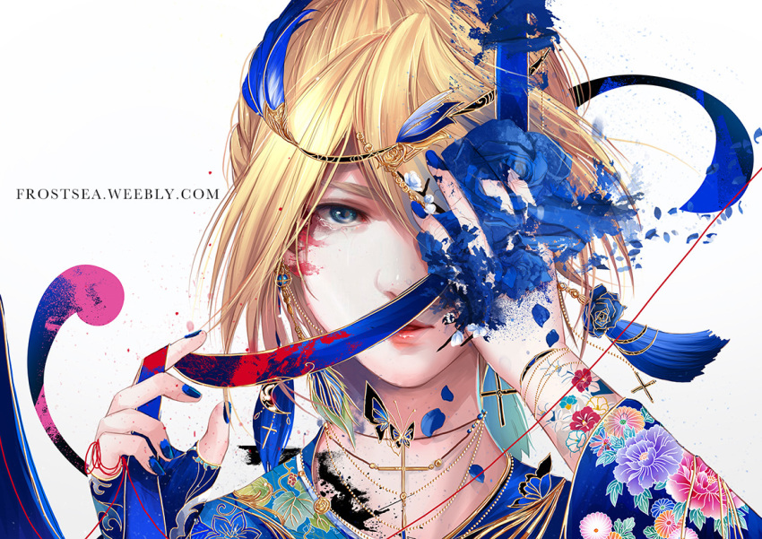 1girl artoria_pendragon_(all) bangs blonde_hair blue_eyes blue_nails bracelet braid creamsea cross earrings english_commentary fate/stay_night fate_(series) feather_earrings feathers floral_print flower_earrings hair_ornament hand_over_eye jewelry long_hair long_sleeves looking_at_viewer necklace one_eye_covered parted_lips petals portrait realistic saber simple_background solo watermark web_address white_background wide_sleeves
