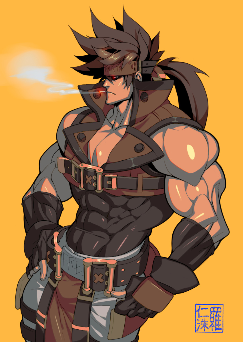 1boy bara bare_shoulders belt_buckle brown_hair buckle chest cigarette covered_abs fingerless_gloves gloves glowing glowing_eye guilty_gear harness headgear highres long_hair male_focus muscle na_insoo open_clothes pelvic_curtain ponytail red_eyes shiny shiny_skin simple_background sleeveless smoking sol_badguy solo spiky_hair tight yellow_background
