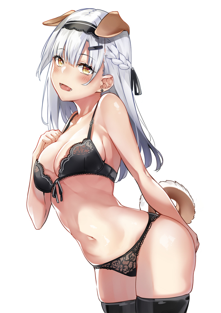 animal_ears black_bra black_hairband black_legwear black_panties bra braid breasts crown_braid dog_ears dog_tail earrings front-tie_bra grey_hair hair_ornament hairband hairclip highres jacob_dream_world jewelry lace lace-trimmed_bra lace-trimmed_panties lace_trim long_hair medium_breasts navel original panties simple_background standing tail thigh-highs underwear underwear_only white_background yellow_eyes