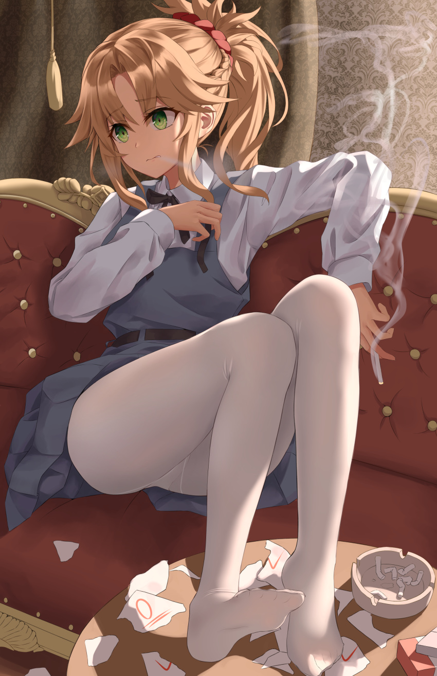1girl absurdres alternate_costume bangs belt black_belt blonde_hair blush braid breasts cigarette cigarette_butt closed_mouth collared_shirt couch dress eyebrows_visible_through_hair fate/apocrypha fate_(series) french_braid green_eyes grey_dress hair_ornament hair_scrunchie hamstarhand hand_up highres long_hair long_sleeves looking_at_viewer looking_to_the_side medium_hair mordred_(fate) mordred_(fate)_(all) no_shoes pantyhose pinafore_dress ponytail red_scrunchie ribbon scrunchie shirt sidelocks sitting smoke solo table white_legwear white_shirt wooden_table