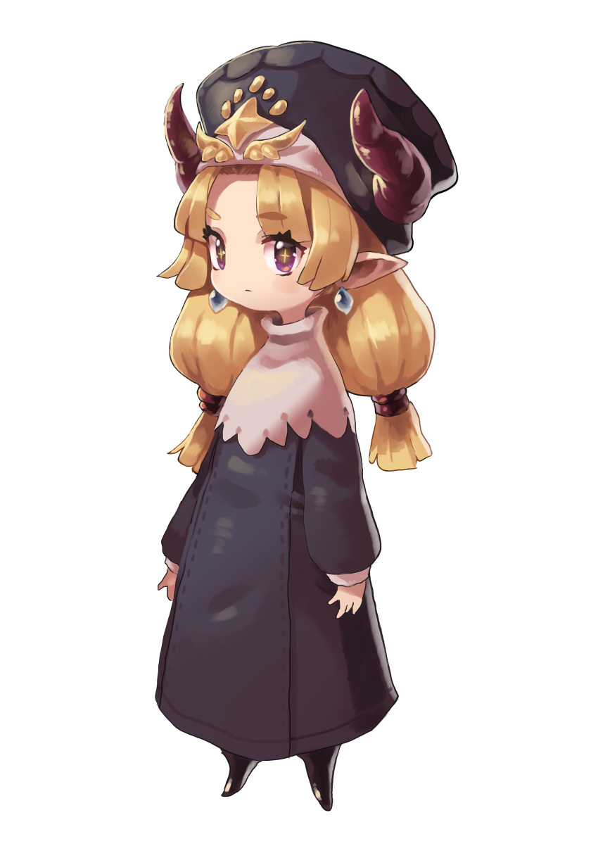 +_+ 1girl absurdres black_dress black_headwear blonde_hair closed_mouth demon_horns dress earrings full_body habit highres horns jewelry long_hair long_sleeves looking_at_viewer low_twintails okame_nin original pointy_ears simple_background solo standing twintails urushia_(okame_nin) violet_eyes white_background younger