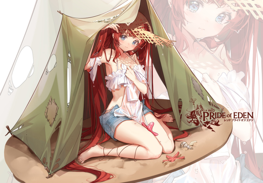 1girl arm_up bangs bare_shoulders barefoot bikini blue_eyes blue_shorts brown_headwear character_request closed_mouth clouble copyright_name damaged eyebrows_visible_through_hair hand_up hat highres holding knees_together_feet_apart long_hair looking_at_viewer official_art patches red:_pride_of_eden redhead short_shorts shorts sidelocks simple_background sitting skindentation solo starfish straw_hat swimsuit tent torn_clothes torn_hat twintails very_long_hair wariza watermark wavy_mouth wet white_background white_bikini zoom_layer