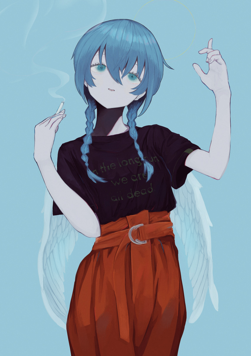 1girl absurdres angel angel_wings aqua_background aqua_eyes belt black_shirt blue_hair braid cigarette estlifeb feathered_wings hair_between_eyes hands_up highres holding holding_cigarette huge_filesize long_hair no_nose original pants red_pants shirt short_sleeves simple_background smoking solo twin_braids white_wings wings