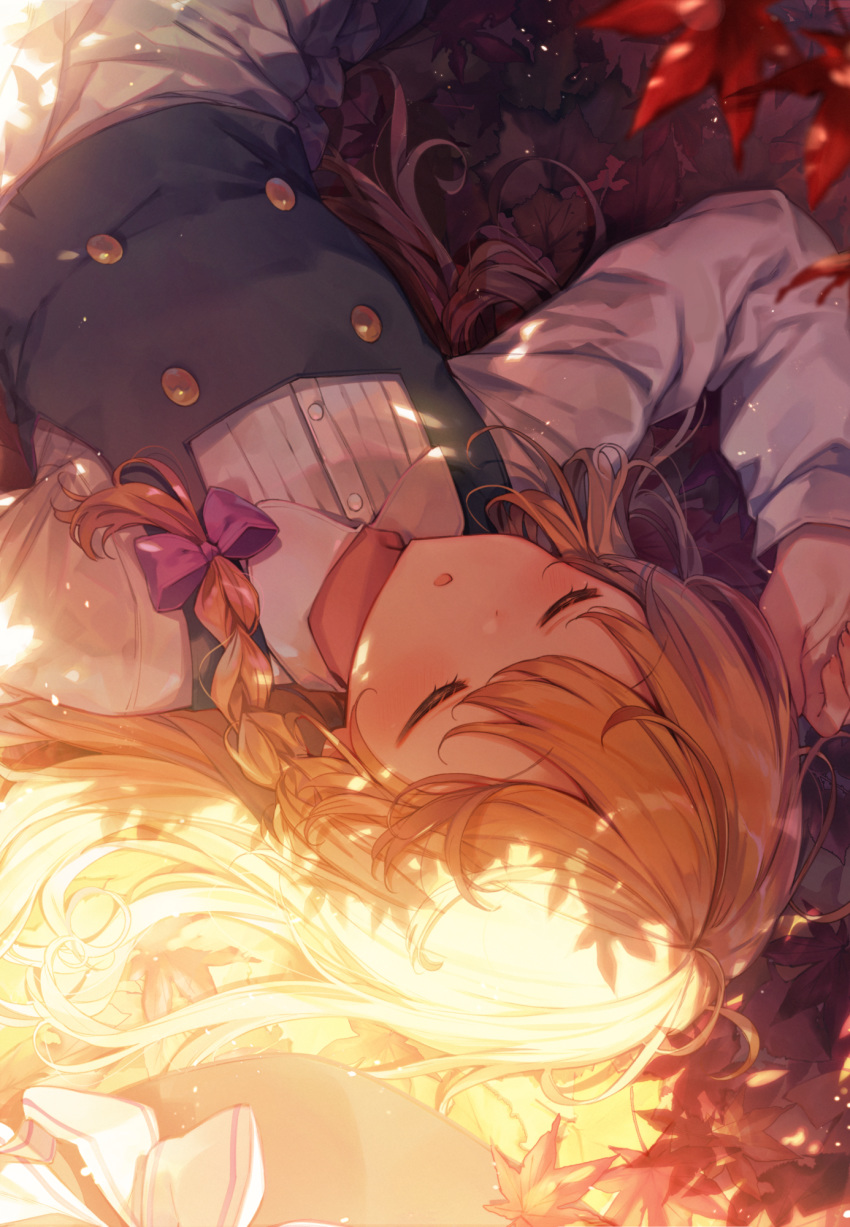 1girl :o apron autumn_leaves black_vest blonde_hair blush bow braid closed_eyes dappled_sunlight eyebrows_visible_through_hair hair_between_eyes hair_bow hair_ribbon hat hat_removed headwear_removed highres kirisame_marisa leaf light_particles long_hair long_sleeves lying maple_leaf on_back on_ground open_mouth outdoors ribbon shirt shnva single_braid sleeping solo sunlight touhou tress_ribbon upper_body upside-down very_long_hair vest waist_apron white_shirt witch_hat