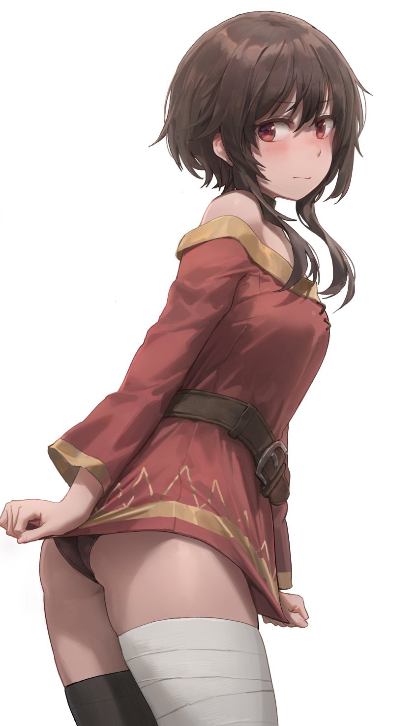 1girl absurdres ass bandages bangs bare_shoulders belt black_hair black_panties blush breasts closed_mouth commentary dress highres kono_subarashii_sekai_ni_shukufuku_wo! long_sleeves looking_at_viewer megumin mismatched_legwear off-shoulder_dress off_shoulder panties red_dress red_eyes short_dress short_hair_with_long_locks sidelocks simple_background single_thighhigh small_breasts thigh-highs thighs underwear yohan1754