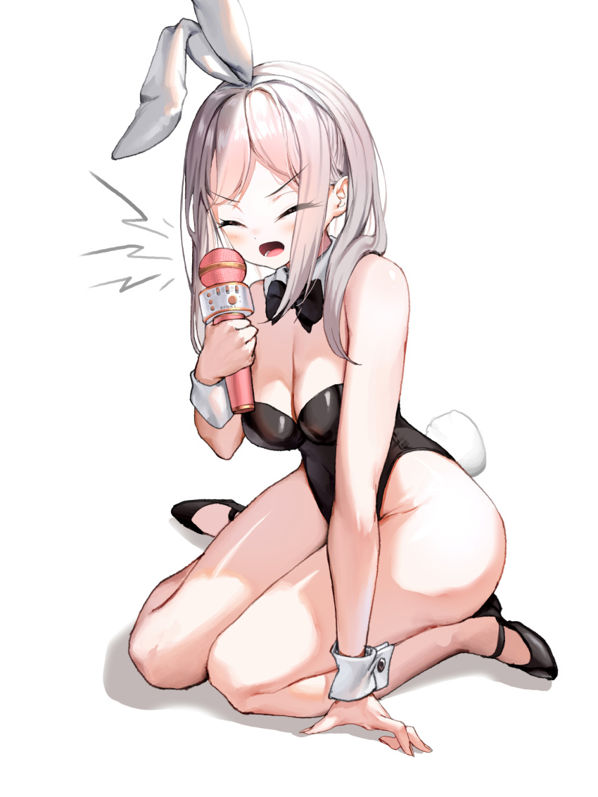 1girl animal_ears bangs bunny_tail closed_eyes eyebrows_visible_through_hair full_body highres microphone open_mouth original playboy_bunny rabbit_ears screaming seiza simple_background sitting solo tail white_background