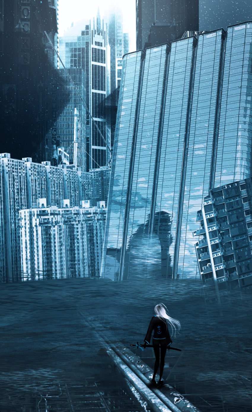 1girl absurdres building cityscape flood from_behind giichi_(user_eapc2478) highres long_hair original ruins scenery sheath sheathed skyscraper snow solo sword water weapon white_hair winter