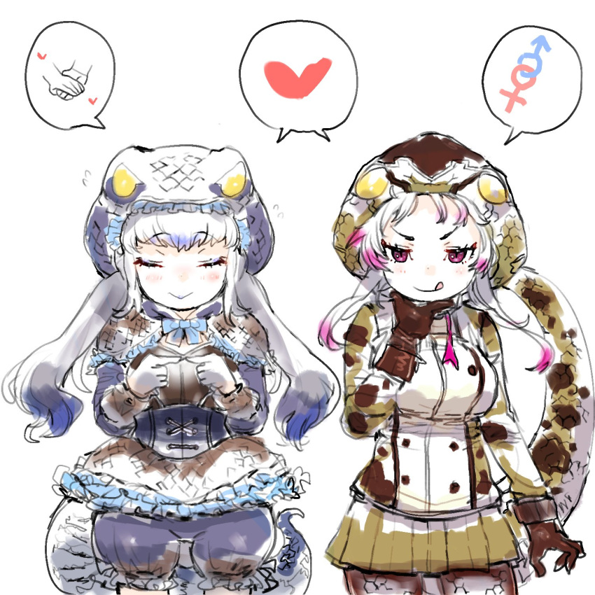 &gt;:q 2girls :q african_rock_python_(kemono_friends) arm_at_side bangs bloomers blue_hair bow bowtie brown_gloves brown_legwear capelet chabo-kun closed_eyes closed_mouth commentary_request corset cowboy_shot drawstring eyebrows_visible_through_hair facing_viewer fidgeting flying_sweatdrops frilled_hood frilled_skirt frills gloves green_skirt grey_hair hand_on_own_chin hand_up hands_up heart highres hood hood_up hooded_jacket interlocked_mars_and_venus_symbols jacket kemono_friends komodo_dragon_(kemono_friends) komodo_dragon_tail licking_lips lizard_girl lizard_tail long_sleeves looking_at_viewer mars_symbol microskirt miniskirt multicolored_hair multiple_girls own_hands_together pantyhose pleated_skirt purple_hair seductive_smile shared_speech_bubble side-by-side sitting sketch skirt smile snake_tail speech_bubble spoken_heart spoken_mars_symbol spoken_venus_symbol tail tongue tongue_out tsurime underwear v-shaped_eyebrows venus_symbol violet_eyes white_background white_gloves white_hair zipper