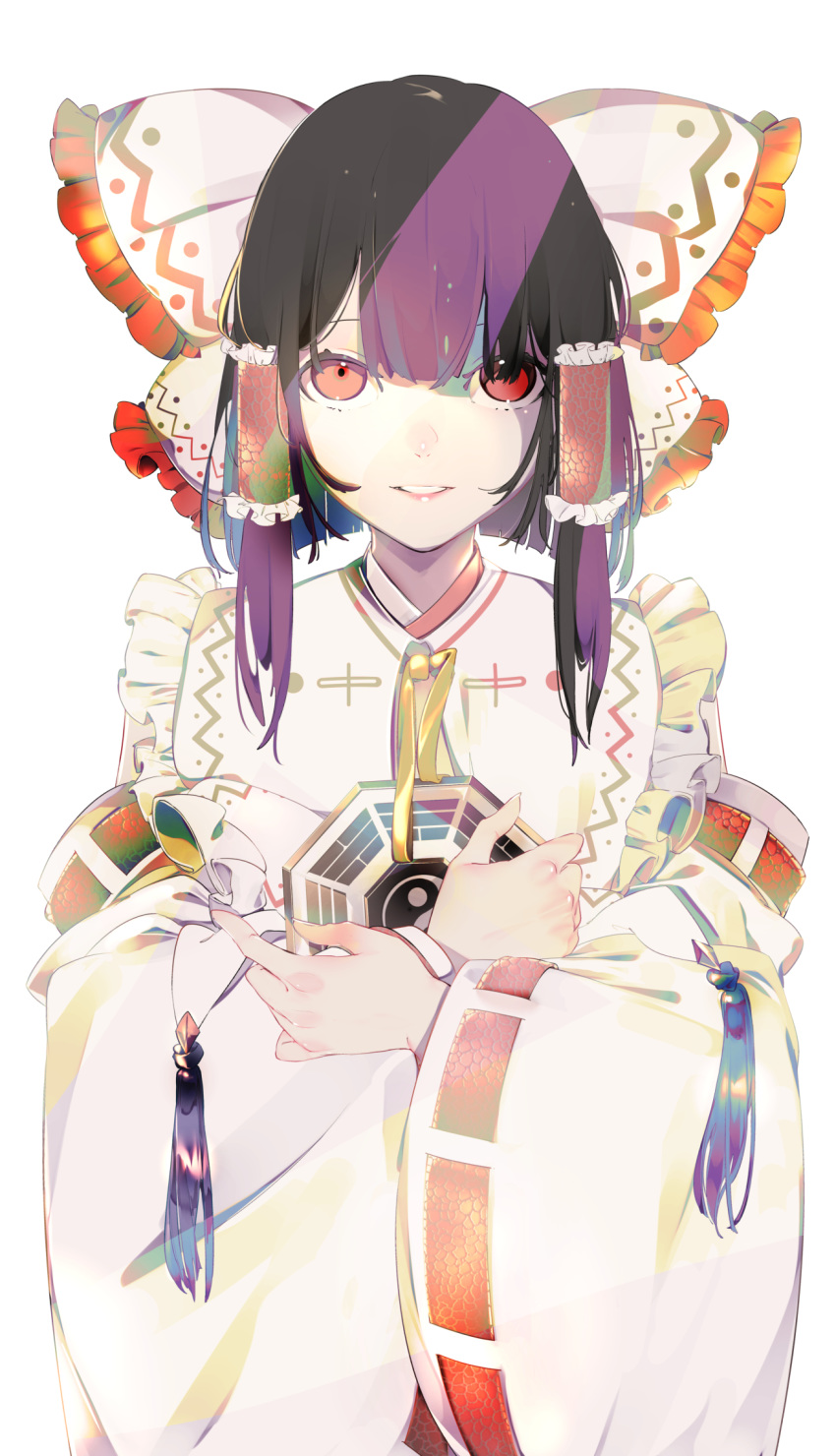 1girl alternate_costume bangs black_hair blunt_bangs bow cowboy_shot detached_sleeves eyebrows_behind_hair frilled_bow frills gradient_hair hair_bow hair_tubes hakurei_reimu highres japanese_clothes lips long_sleeves looking_at_viewer maimuro miko multicolored_hair purple_hair red_eyes short_hair sidelocks simple_background smile solo touhou white_background white_bow wide_sleeves yellow_neckwear yin_yang