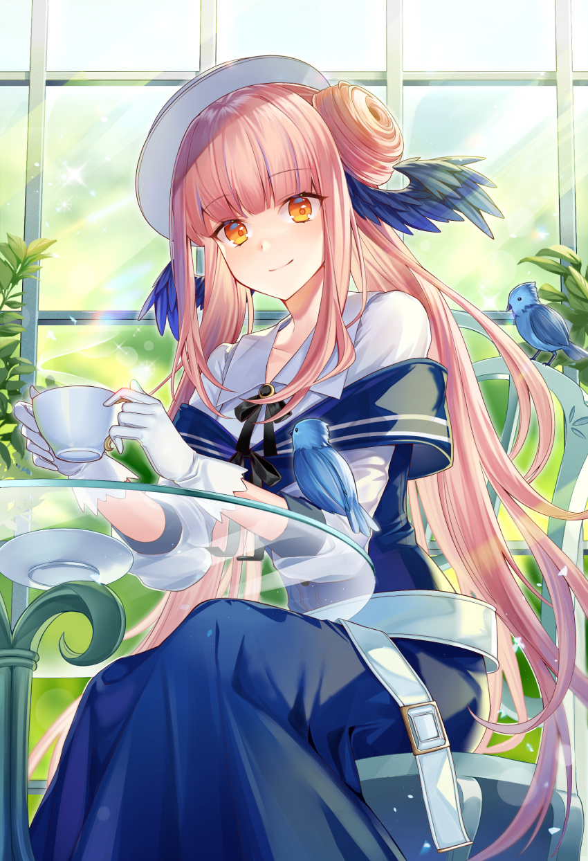 1girl absurdres arknights bangs bird blue_dress ceylon_(arknights) chair commentary cup dress eyebrows_visible_through_hair feet_out_of_frame gloves hair_bun highres holding holding_cup ion_(on01e) long_hair looking_at_viewer pink_hair sitting smile solo table very_long_hair white_gloves white_headwear yellow_eyes