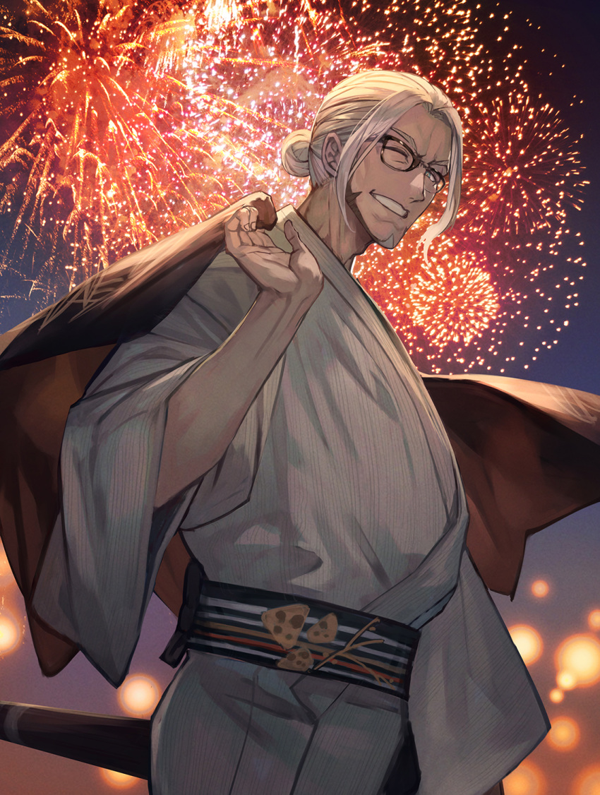 1boy ;d arurandis facial_hair fireworks glasses goatee green_eyes grey_hair grin highres holostars japanese_clothes kimono lack male_focus night one_eye_closed open_mouth sash sky smile solo standing virtual_youtuber wide_sleeves