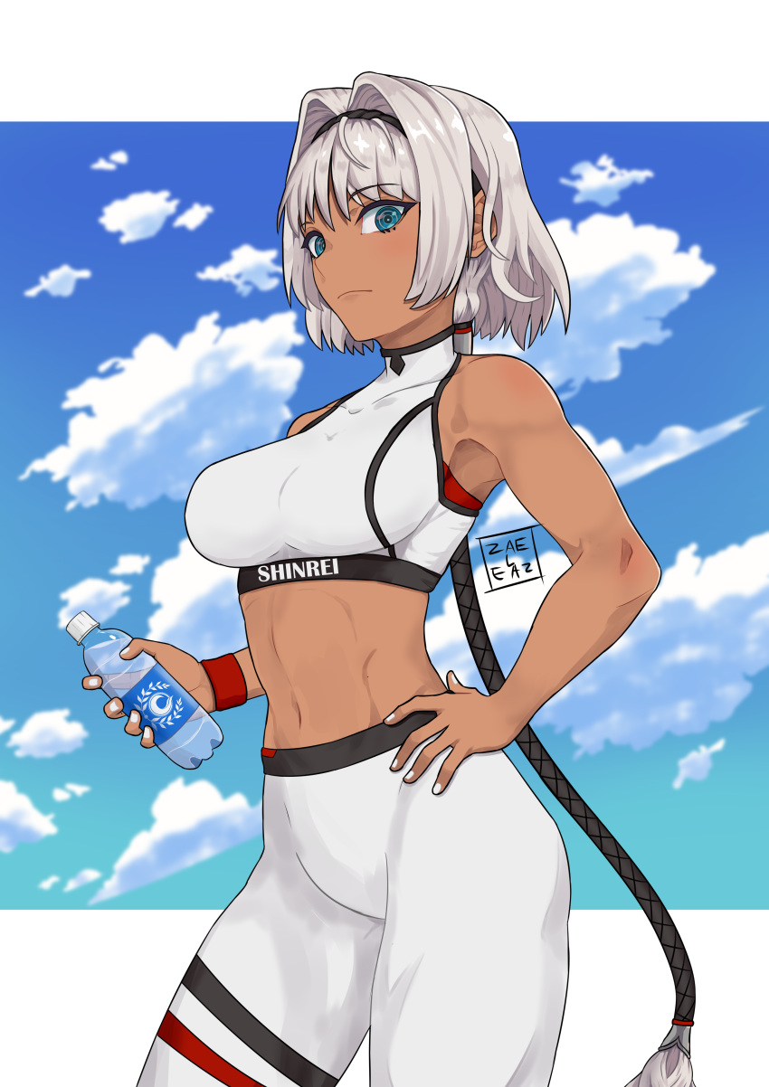 1girl absurdres bangs bare_shoulders blue_eyes blue_sky bottle breasts caenis_(fate) closed_mouth dark_skin fate/grand_order fate_(series) hair_intakes hairband hand_on_hip highres jaheterbang large_breasts long_hair looking_at_viewer midriff navel pants ponytail sky sports_bra sportswear thighs very_long_hair water_bottle white_hair white_pants white_sports_bra yoga_pants