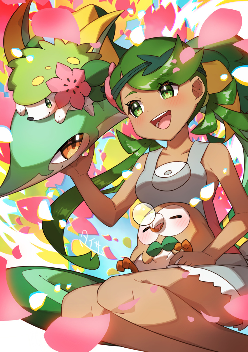 1girl absurdres bangs bare_arms blush collarbone commentary_request dark_skin eyelashes gen_4_pokemon gen_5_pokemon gen_7_pokemon green_eyes green_hair hair_ornament highres knees mallow_(pokemon) mythical_pokemon on_lap open_mouth petals pokemon pokemon_(creature) pokemon_(game) pokemon_on_lap pokemon_sm rowlet serperior shaymin shaymin_(land) smile swept_bangs taisa_(lovemokunae) teeth tongue twintails