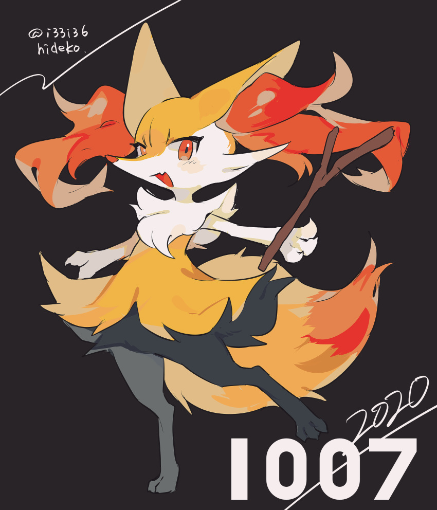 absurdres artist_name black_background braixen commentary_request dated fang full_body gen_6_pokemon hideko_(l33l3b) highres holding holding_stick looking_at_viewer no_humans number open_mouth orange_eyes pokemon pokemon_(creature) skin_fang solo stick