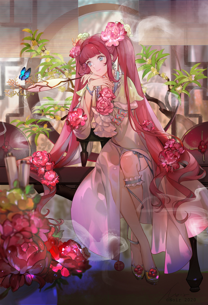 1girl bangs blue_eyes bug butterfly character_request chinese_clothes earrings eyebrows eyebrows_visible_through_hair fan fingernails flower hair_flower hair_ornament highres holding holding_fan insect jewelry long_hair long_sleeves nail_polish noir_(ibaraki) pink_hair pink_nails plant shoes sitting sleeves smile solo twintails very_long_hair wangzhe_rongyao