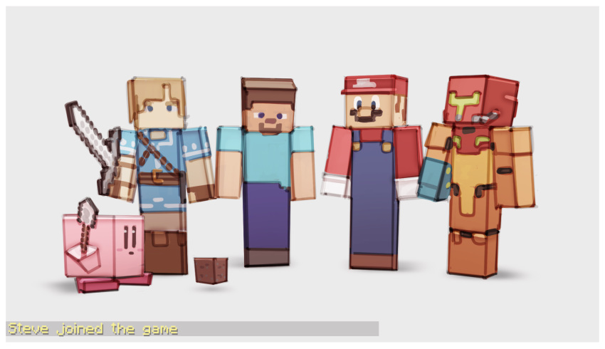 1girl 3boys arm_cannon blonde_hair blue_eyes blue_shirt cube facial_hair gloves grey_background highres kirby kirby_(series) link mario super_mario_bros. metroid minecraft multiple_boys mustache nin_nakajima overalls power_armor samus_aran shirt shovel simple_background steve_(minecraft) sword the_legend_of_zelda the_legend_of_zelda:_breath_of_the_wild tunic violet_eyes weapon white_gloves