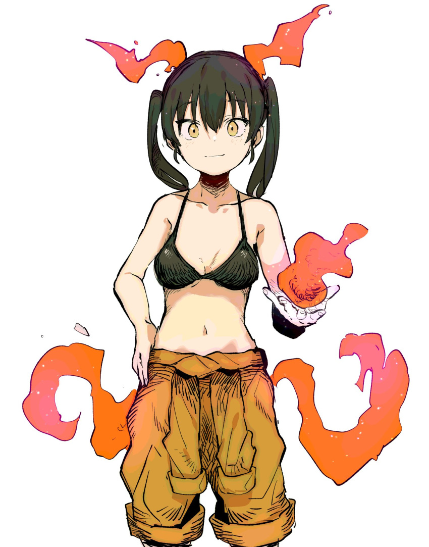 1girl black_bra black_hair bra closed_mouth copyright_request ddari fiery_horns fiery_tail fire highres horns jumpsuit jumpsuit_around_waist looking_at_viewer medium_hair navel orange_jumpsuit smile solo stomach tail twintails underwear yellow_eyes
