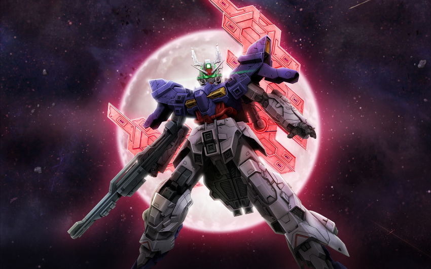 asteroid beam_rifle energy_gun glowing glowing_eyes glowing_lines gun gundam gundam_online highres holding holding_gun holding_weapon looking_at_viewer mobile_suit mobile_suit_moon_gundam moon moon_gundam no_humans official_art psycho_plates red_moon shooting_star starry_background v-fin weapon