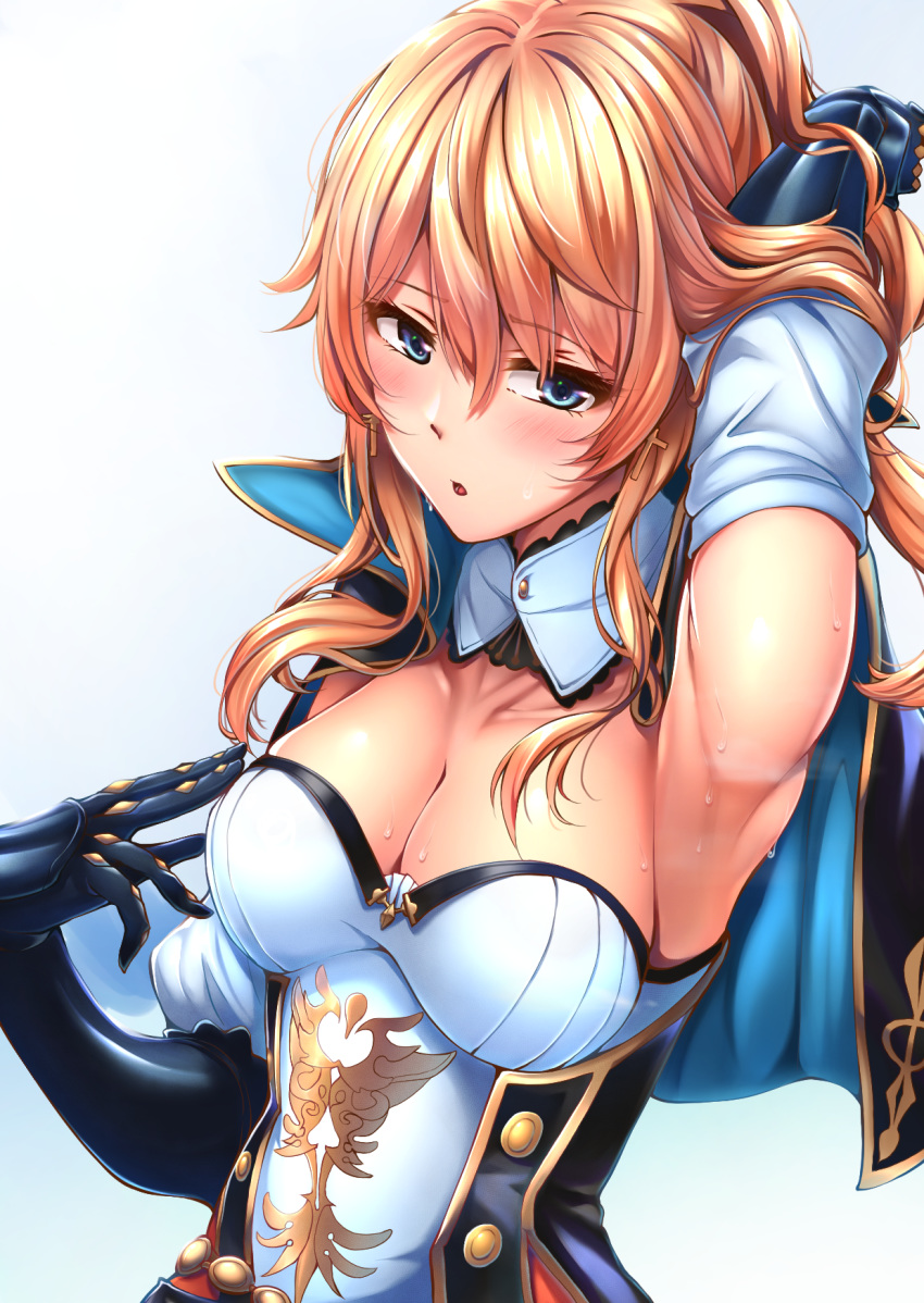 1girl arm_up armpits blue_eyes blush breasts cape cross cross_earrings earrings genshin_impact gloves half-closed_eyes highres jean_(genshin_impact) jewelry looking_at_viewer medium_breasts open_mouth ponytail simple_background solo sweat white_background xlscaler