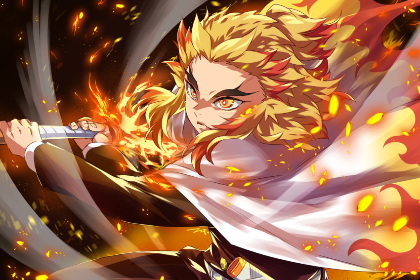 1boy black_jacket black_pants blonde_hair cape closed_mouth commentary_request ech eyebrows fire flaming_sword flaming_weapon forehead holding holding_sword holding_weapon jacket katana kimetsu_no_yaiba long_sleeves male_focus multicolored_hair pants redhead rengoku_kyoujurou sheath solo sword two-handed two-tone_hair unsheathed v-shaped_eyebrows weapon white_cape yellow_eyes