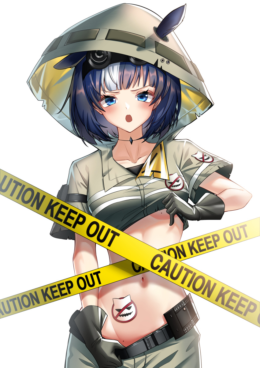 1girl :o absurdres animal_ears arknights bangs belt black_belt black_gloves black_hair blue_eyes blunt_bangs blush breasts brown_shirt brown_shorts caution_tape collarbone commentary_request cowboy_shot detached_hood ears_through_headwear fang glaucus_(arknights) gloves groin highres hood hood_up looking_at_viewer md5_mismatch midriff mole mole_on_body mole_on_breast multicolored_hair navel night_vision_device open_mouth originium_(arknights) shirt shirt_lift short_hair short_sleeves shorts shorts_pull sidelocks sign simple_background skin_fang small_breasts so_tsubasa solo standing stomach_tattoo streaked_hair tape tattoo under_boob warning_sign white_background white_hair