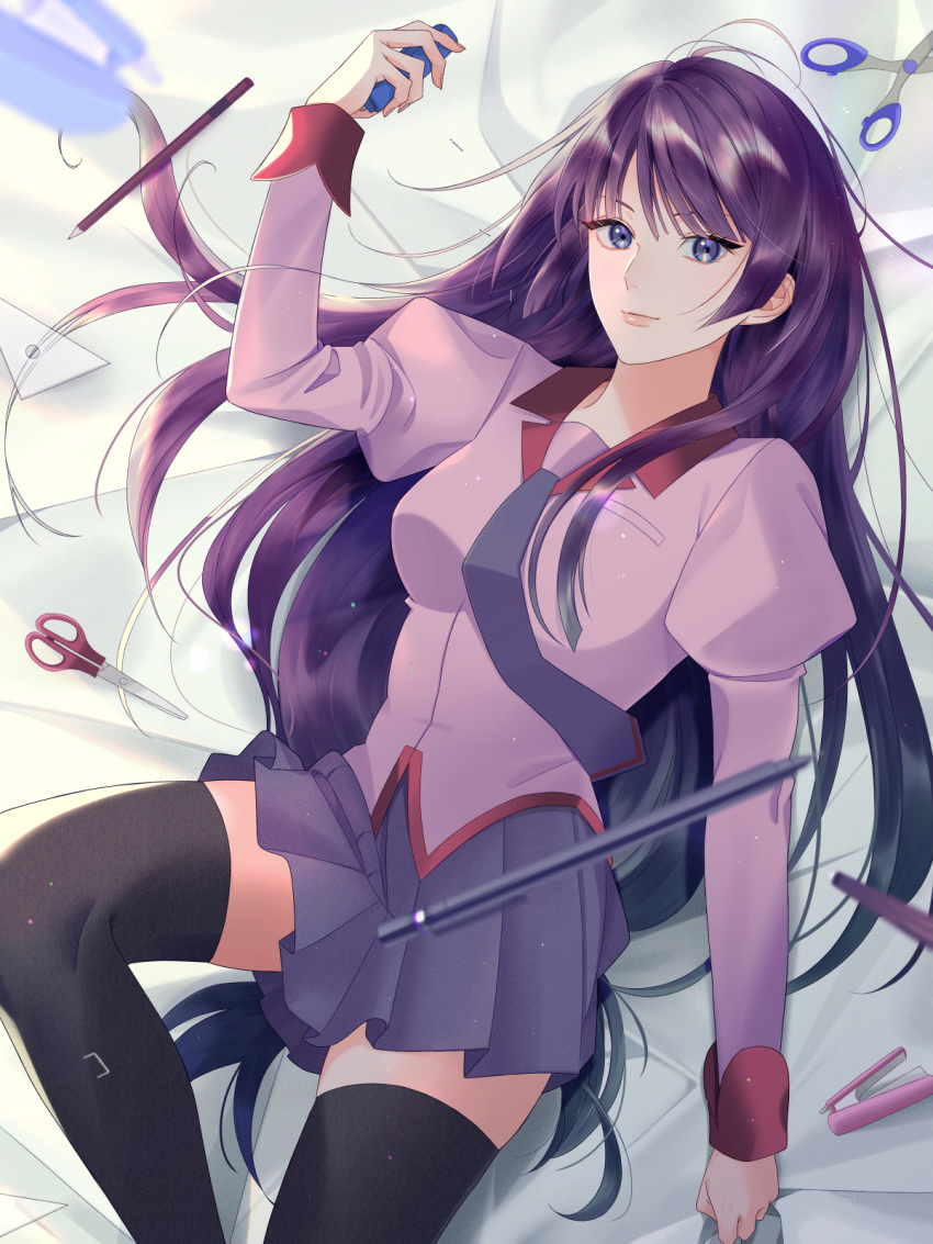 1girl bakemonogatari bangs bed_sheet blue_eyes blurry_foreground breasts collared_shirt commentary_request eyelashes feet_out_of_frame highres holding lens_flare long_hair long_sleeves looking_at_viewer lying mechanical_pencil medium_breasts miu_888 monogatari_(series) naoetsu_high_school_uniform necktie on_back pencil pink_shirt pleated_skirt puffy_sleeves purple_hair purple_neckwear purple_skirt school_uniform scissors senjougahara_hitagi shiny shiny_hair shirt sidelocks skirt solo stapler thigh-highs