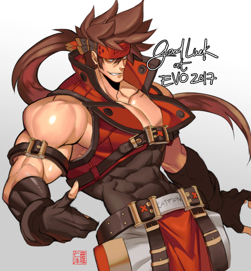 1boy bara bare_shoulders belt_buckle brown_hair buckle chest covered_abs cowboy_shot fingerless_gloves gloves guilty_gear harness headgear highres long_hair male_focus muscle na_insoo open_clothes pelvic_curtain ponytail shiny shiny_skin simple_background sleeveless sol_badguy solo spiky_hair thumbs_up tight yellow_eyes