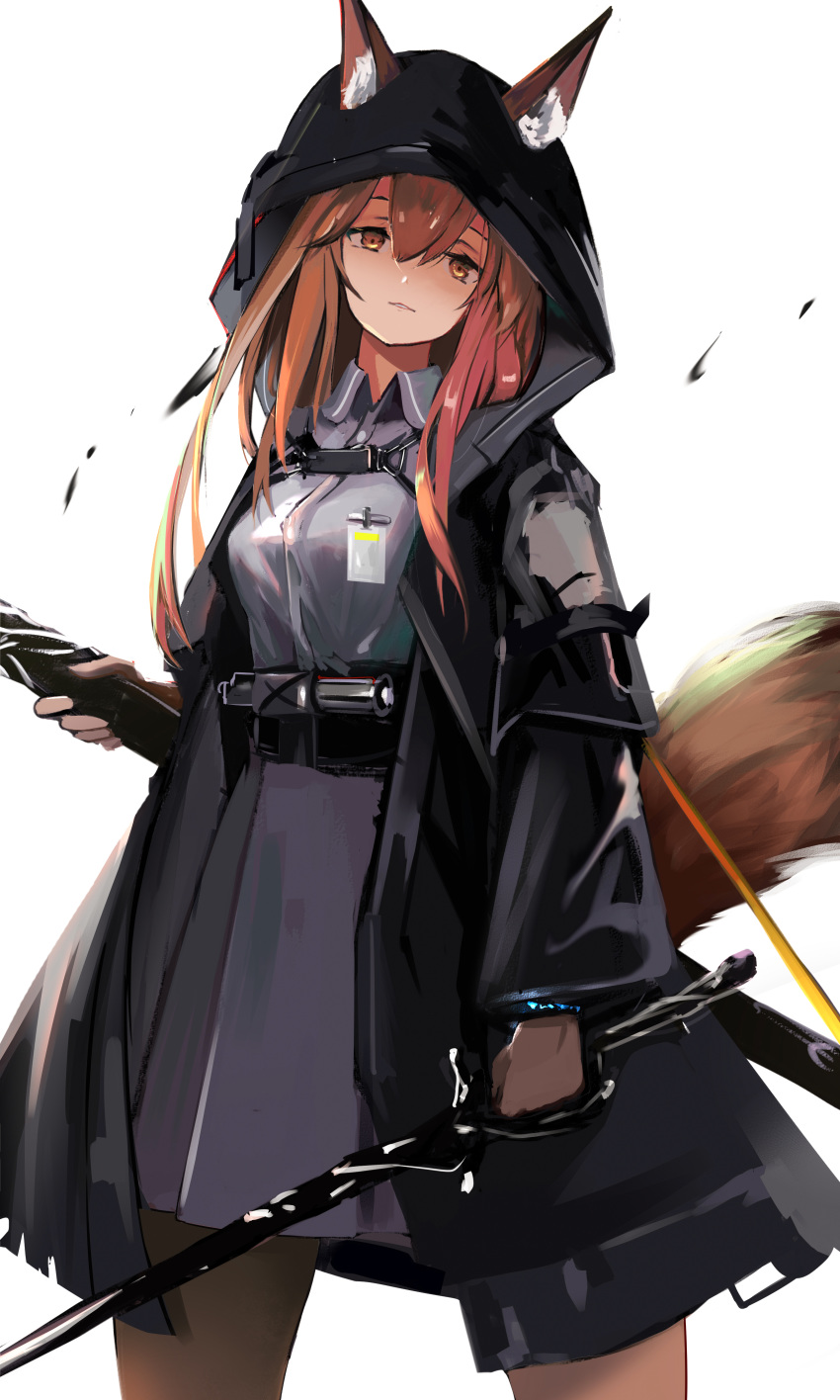 1girl absurdres animal_ear_fluff animal_ears arknights bangs black_jacket brown_eyes brown_hair chinese_commentary commentary_request cowboy_shot dress fox_ears fox_tail franka_(arknights) gloves grey_dress grey_gloves hair_between_eyes head_tilt highres holding holding_sword holding_weapon hood hooded_jacket jacket long_hair long_sleeves looking_at_viewer open_clothes open_jacket pantyhose partial_commentary qianzhaojihuajipao simple_background solo standing sword tail weapon white_background