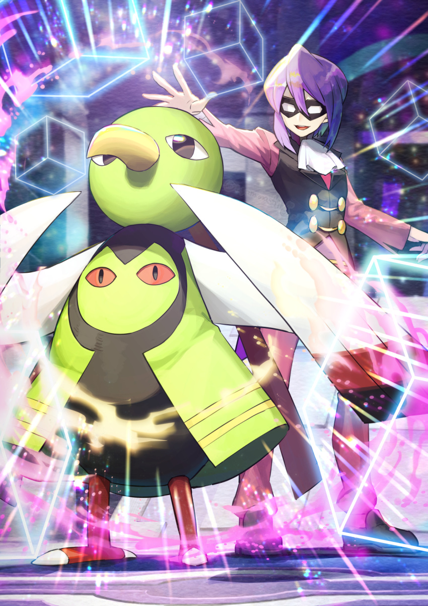 1boy black_vest commentary_request energy eye_mask gen_2_pokemon highres long_sleeves open_mouth outstretched_arms pants pokemon pokemon_(game) pokemon_hgss purple_hair spread_fingers standing teeth tongue vest white_neckwear will_(pokemon) xatu yamanashi_taiki