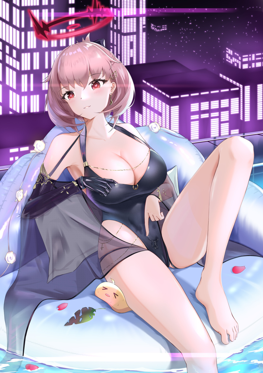 absurdres arino_ayarei azur_lane bare_shoulders barefoot black_swimsuit collarbone duca_degli_abruzzi_(azur_lane) duca_degli_abruzzi_(lustrous_onyx_sirenetta)_(azur_lane) earrings glowing glowing_eye hair_ornament hairclip halo heart heart-shaped_pupils highres inflatable_chair jewelry light_purple_hair light_smile manjuu_(azur_lane) mechanical_arms one-piece_swimsuit petals pool prosthesis prosthetic_arm prosthetic_hand red_eyes single_mechanical_arm swimsuit symbol-shaped_pupils wet wet_clothes wet_swimsuit