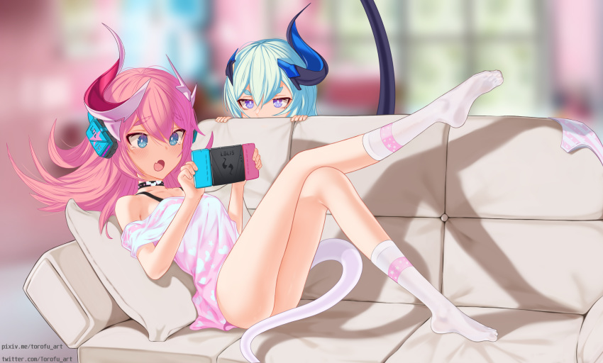2girls :o ass bangs bare_shoulders blue_eyes blurry blurry_background blush breasts commentary couch curled_horns depth_of_field english_commentary eyebrows_visible_through_hair fang from_side green_hair hair_between_eyes heart heart_panties heart_print highres holding honkai_(series) honkai_impact_3rd horns knee_up liliya_olenyeva long_hair multiple_girls nintendo_switch no_shoes off-shoulder_shirt off_shoulder on_couch open_mouth panties panties_removed pillow pink_hair pink_shirt print_panties print_shirt revision rozaliya_olenyeva shadow shirt short_sleeves single_horn small_breasts socks striped striped_panties tail tail_raised tears thick_eyebrows torofu underwear violet_eyes watermark web_address white_legwear