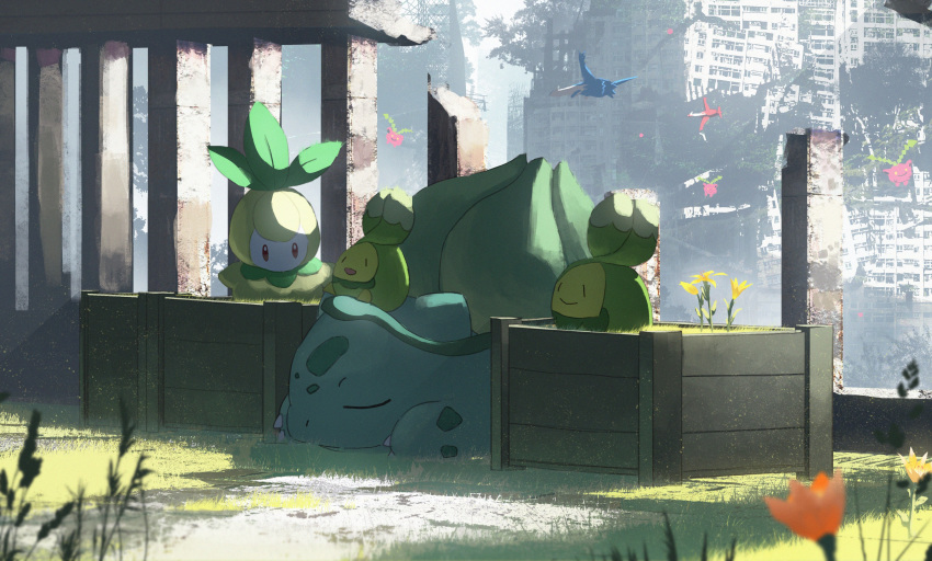 absurdres asteroid_ill budew bulbasaur closed_eyes closed_mouth commentary_request day flower gen_1_pokemon gen_2_pokemon gen_3_pokemon gen_4_pokemon gen_5_pokemon grass highres hoppip latias latios legendary_pokemon light_smile lying no_humans on_stomach outdoors petilil pokemon pokemon_(creature) sleeping yellow_flower