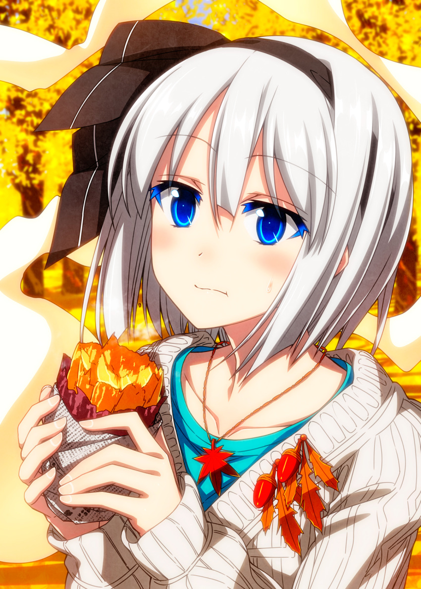 1girl :s alternate_costume autumn_leaves bangs black_hairband black_ribbon blue_eyes blue_shirt blush casual closed_mouth collarbone colored_eyelashes eating eyebrows_visible_through_hair food hair_ribbon hairband highres hitodama holding holding_food jewelry konpaku_youmu konpaku_youmu_(ghost) long_sleeves necklace ribbon sazanami_mio shirt short_hair silver_hair solo sweater touhou upper_body white_sweater wrapper