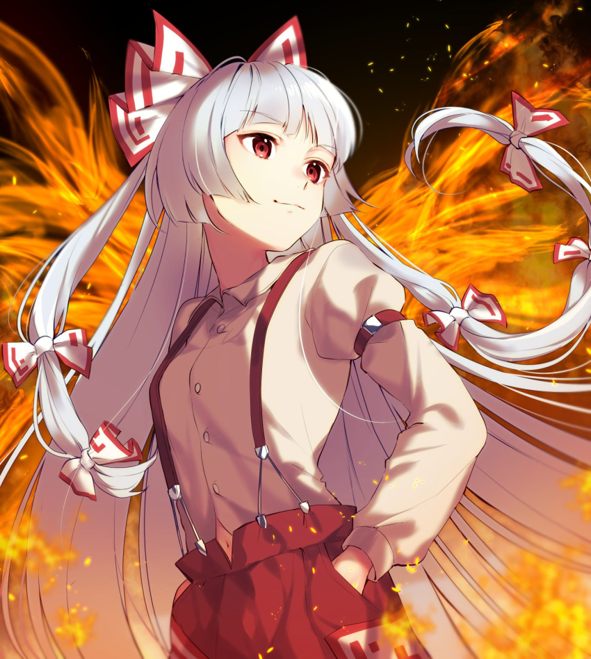 1girl bangs bow breasts buttons closed_mouth cowboy_shot dutch_angle eyebrows_visible_through_hair fiery_background fiery_wings fire fujiwara_no_mokou hair_bow hands_in_pockets highres jill_07km juliet_sleeves long_hair long_sleeves looking_to_the_side navel pants phoenix_wings puffy_sleeves red_eyes red_pants shirt small_breasts smile solo standing suspenders symbol_commentary touhou very_long_hair white_hair white_shirt