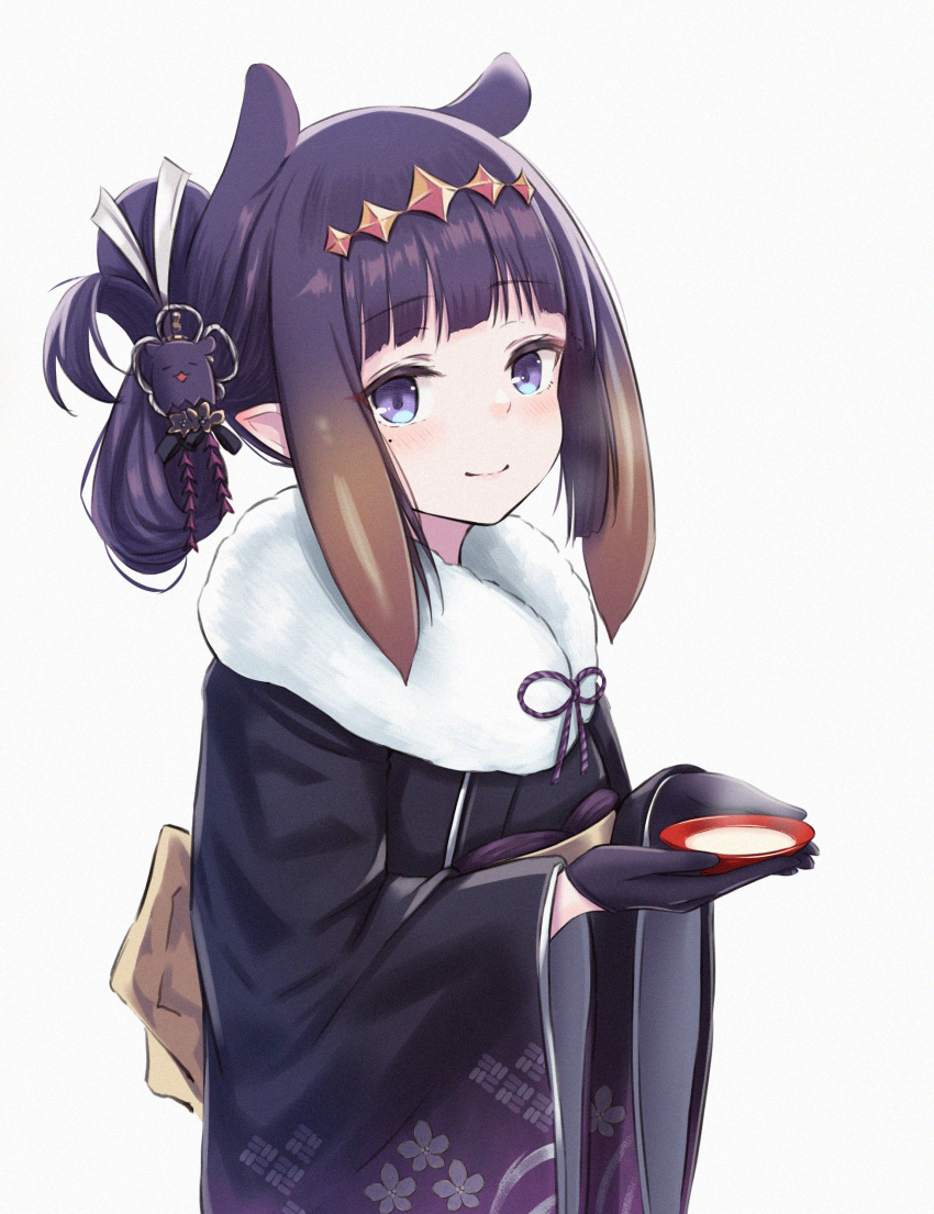 1girl absurdres alcohol alternate_costume alternate_hairstyle bangs black_kimono blue_eyes blunt_bangs cup eyebrows_visible_through_hair highres holding holding_cup hololive hololive_english japanese_clothes kimono light_blush looking_at_viewer mole mole_under_eye ninomae_ina'nis pikao pointy_ears purple_hair sakazuki sake smile solo tentacle_hair tied_hair virtual_youtuber wide_sleeves yukata