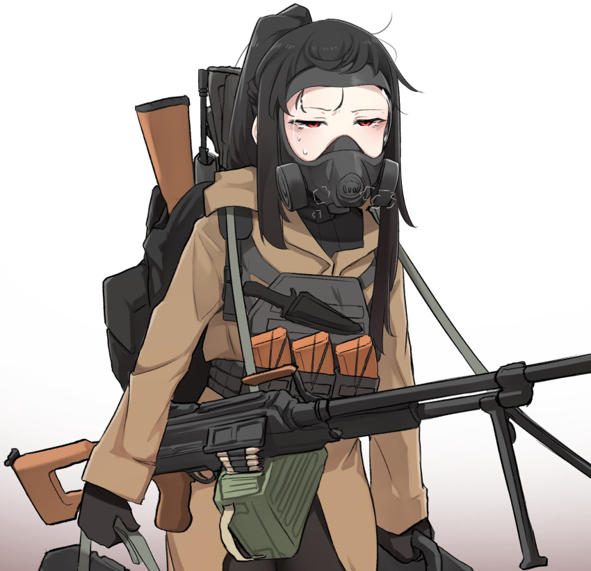 1girl assault_rifle backpack bag black_hair breathing carrying coat firearm forehead gas_mask gradient gradient_background gun half-closed_eyes highres k0ng knife knife_holster luggage machine_gun original ponytail red_eyes rifle sidelocks sweat tactical_clothes vest weapon white_background