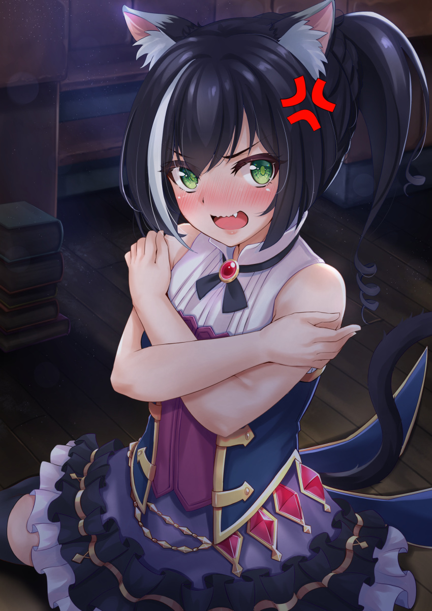1girl anger_vein animal_ear_fluff animal_ears bangs bare_arms bare_shoulders black_hair blush book_stack cat_ears cat_girl cat_tail collared_shirt commentary_request crossed_arms eyebrows_visible_through_hair fang frilled_skirt frills green_eyes hair_between_eyes highres indoors karyl_(princess_connect!) kuutamo long_hair looking_at_viewer multicolored_hair no_detached_sleeves nose_blush on_floor open_mouth ponytail princess_connect! princess_connect!_re:dive purple_skirt ringlets shirt sitting skirt sleeveless sleeveless_shirt solo streaked_hair tail tail_raised wariza white_hair white_shirt wooden_floor