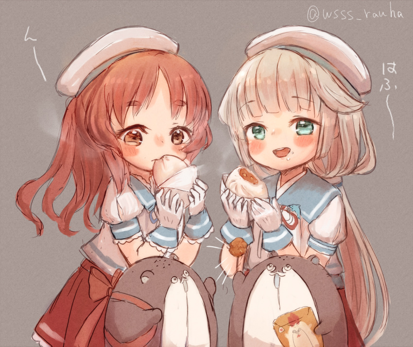 2girls baozi blue_sailor_collar bokukawauso brown_eyes brown_hair chicken_nuggets commentary_request cowboy_shot drooling eating food frilled_sleeves frills gloves green_eyes grey_background grey_hair hat kantai_collection long_hair low_twintails mikura_(kantai_collection) multiple_girls otter pleated_skirt puffy_short_sleeves puffy_sleeves red_skirt sailor_collar sailor_hat sailor_shirt saliva shirt short_sleeves simple_background skirt thick_eyebrows twintails twitter_username wavy_hair white_gloves white_headwear white_shirt wss_(nicoseiga19993411) yashiro_(kantai_collection)